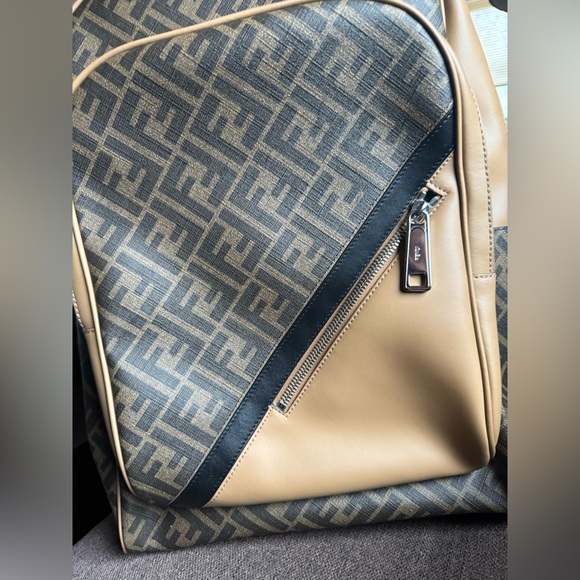 Preowned Like New Fendi FF Logo Chiogo Leather Canvas Backpack Beige/Brown - Picture 5 of 13